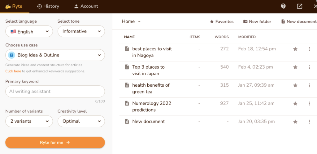 Rytr dashboard